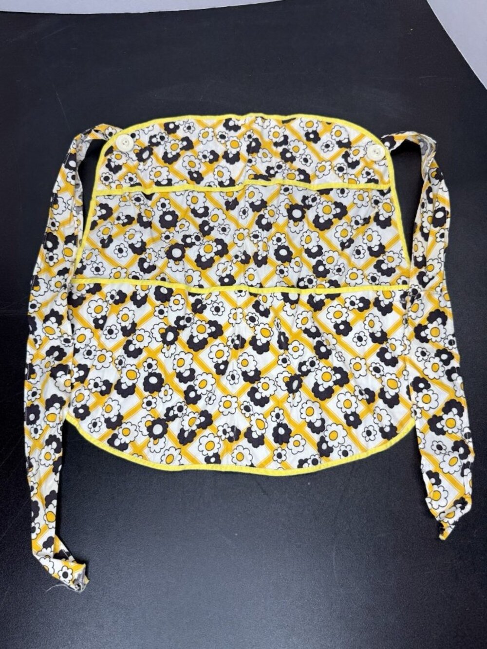 Vintage Handmade Half Apron With Pockets Yellow Black Mod Flowers Print Retro